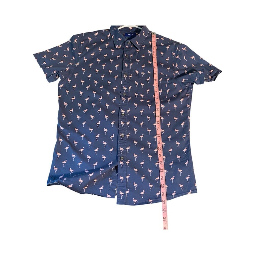 Apt 9 Men’s Small Shirt Slim Fit Premier Flex Short Sleeve Navy with Flamingos - Picture 9 of 11